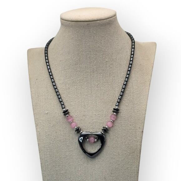 Pink Cat’s Eye & Hematite Heart Necklace Fairy Goth Coquette Dark Academia Y2K - Picture 1 of 7
